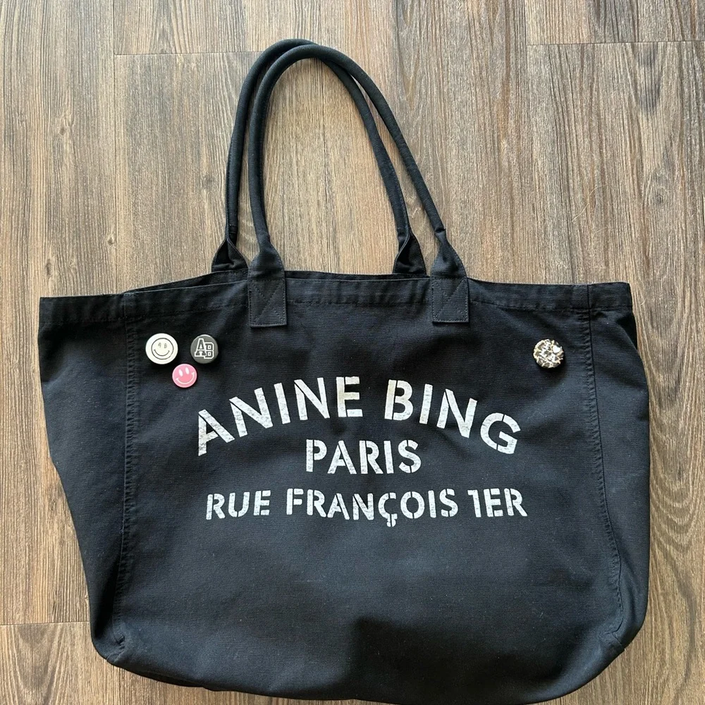 ANINE BING WOMENS BLACK CANVAS LEO TOTE WHITE LOGO WRITING
